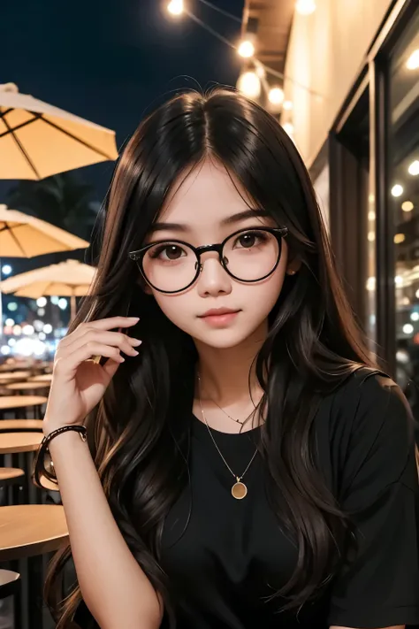 detailed face of photo. 20 year old white skin slim body Indonesian girl with a sweet  face,   round face chubby face and long brown wavy hair, round glasses Wear black modern style  outfit in outdoor cafe at night
