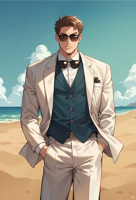 Professional photography, photo of a man wave surfing on the sand of desert, he wearing tuxedo, he is a fashionista, professional posing, he wearing sunglasses, cinematic lighting, hand in pocket, John Wick hair style