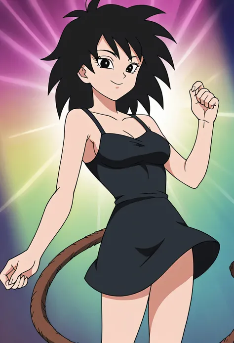 source_anime, score_9,score_8_up, score_7_up, ginedb, anime screencap, 1girl, solo, looking at viewer, smile, medium breasts, black hair, bare shoulders, medium breasts, smile, standing, cowboy shot, medium hair, black eyes, spiked hair, eyelashes, masterp...