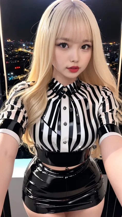 philippines idol 　((Bright red glossy lipstick))　Blonde wavy hair with bangs　((Looking at the camera))　　((Super shiny patent leather white and black striped blouse and black patent leather tight skirt))　Night view of Seoul　Duck mouth　Sweaty, shiny skin　Fac...