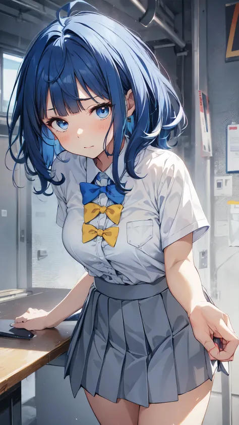 (upper body:1.3),Yanami Anna,ahoge,medium hair,blue hair,sidelocks,blunt bangs,blue eyes,school uniform,collared shirt,white shirt,pocket,blue bow,yellow bow,short sleeves,medium breasts,skindentation,shirt tucked in,blue skirt,pleated skirt,BREAK,(skirt l...