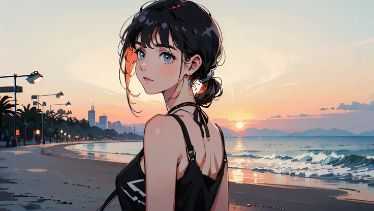 A woman on a retro-futuristic beach。sunset。 Hairstyle is bob and black hair、She is wearing a pastel colored hoodie over a tank top.。 She&#39;s standing on the bustling seafront, Headphones playing city pop。The gaze is on the camera。A slightly smiling expre...