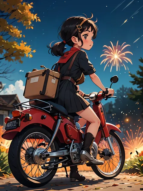 32k，uhd high definition，octane rendering，steampunk，(ultra fine: 1.2)，young  riding a super cub，night，cute，very short stature，thi...