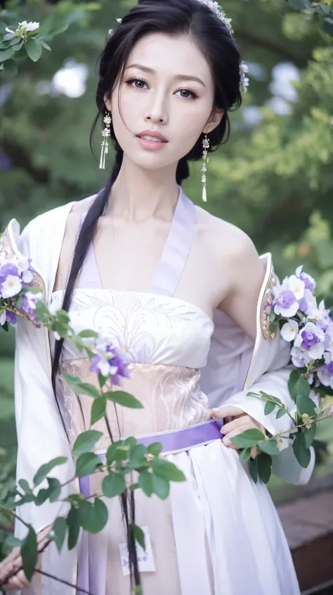 Fashion Model 2 [[[[Close-up cleavage]]]], [[[[breast]]]], [[[[Cole]]]], [[[[Shoulder]]]], Perfect eyes, Perfect Iris，Perfect lips，Perfect Teeth，Perfect skin，Long face，Soft headlight，HD girl,White ancient Chinese clothing，Hanfu，Background with green trees ...