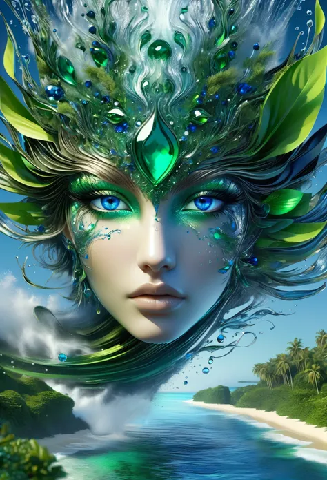 Photographed by pouring ink containing metallic elements into water an exotic woman with deep blue eyes, green emeralds, stunning digital art, complicated digital art, 3 d digital art, 3d digital art, complicated digital artwork, Advanced 3D digital art, a...