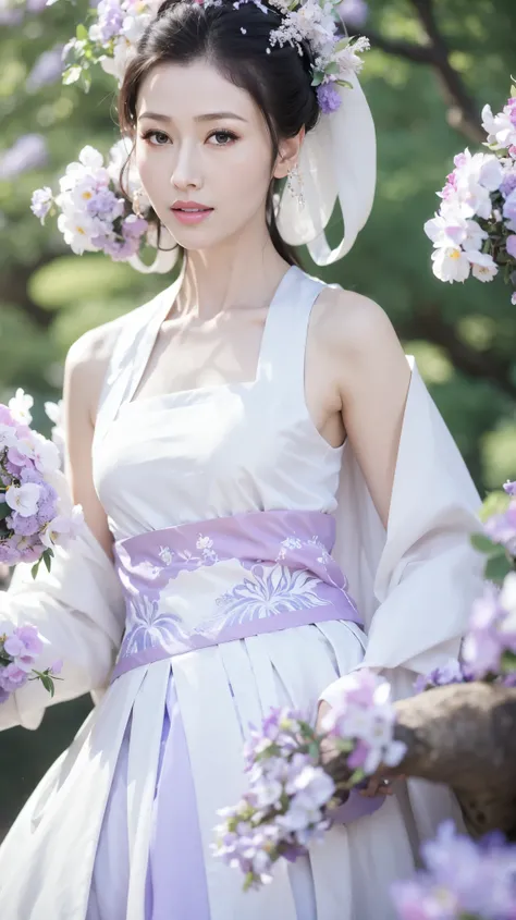 Fashion Model 2 [[[[Close-up cleavage]]]], [[[[breast]]]], [[[[Cole]]]], [[[[Shoulder]]]], Perfect eyes, Perfect Iris，Perfect lips，Perfect Teeth，Perfect skin，Long face，Soft headlight，HD girl,White ancient Chinese clothing，Hanfu，Background with green trees ...