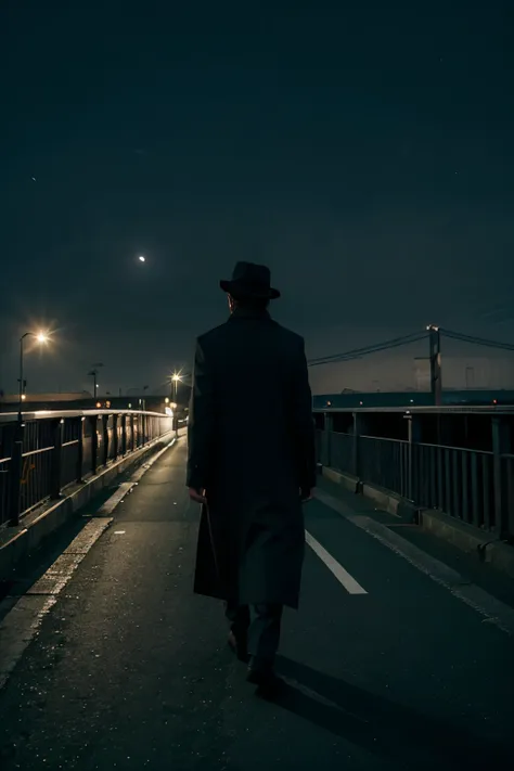 Alone man walking on corner of bridge highway wearing long coat and hat in moon light from back