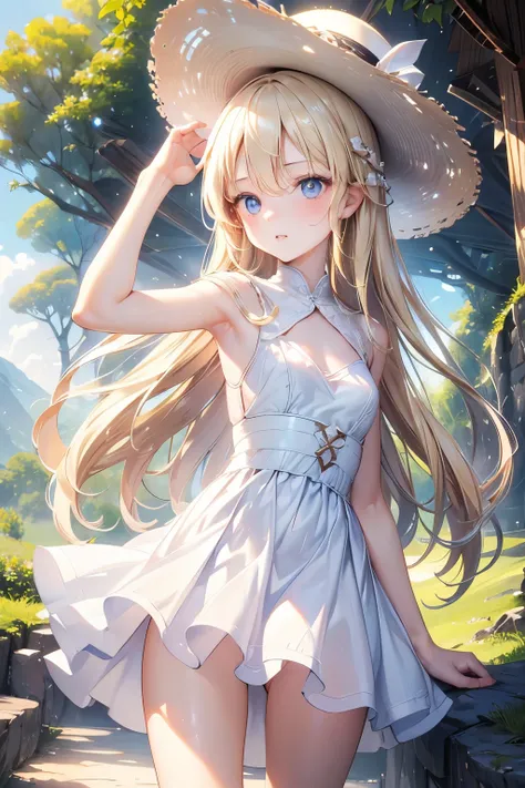 masterpiece,Best Quality,Very detailed,beautiful girl, teenager,White dress,Straw hat,Mysterious Cave,Small breasts,Narrow waist,Straight blonde hair,Perfect Blue Eyes,Very cute,Active pose