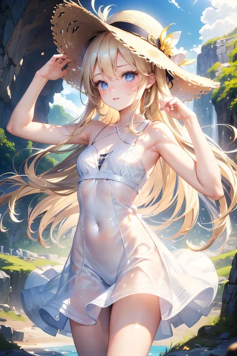 masterpiece,Best Quality,Very detailed,beautiful girl, teenager,White dress,Straw hat,Mysterious Cave,Small breasts,Narrow waist,Straight blonde hair,Perfect Blue Eyes,Very cute,Active pose