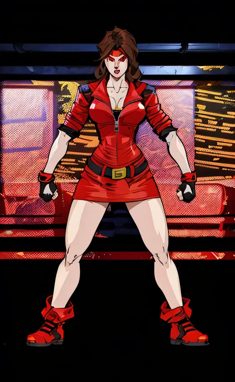 Blaze Fielding (Streets of Rage),1girl, solo, single, brown hair wavy hair, red headband, red jacket, closed jacket, only wears a jacket that covers the entire middle part of his body, (black belt), (short red skirt), fingerless gloves, red boots, wrestlin...