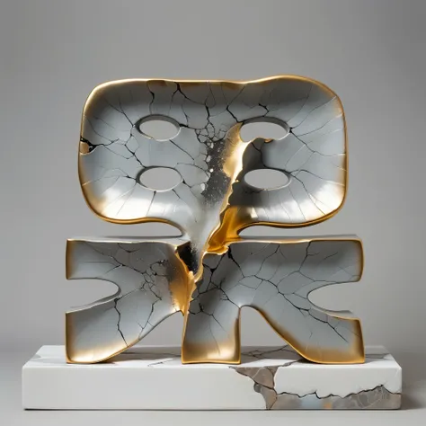 ((exhibit,Still Life Table,Artistic statues,3D Sculpture,ceramics,Surface cracks,Shattered Texture)), Show the beauty of nature.Kaneko,Gold Dust, This artwork is presented on a grey background,Emphasize its artistic quality.