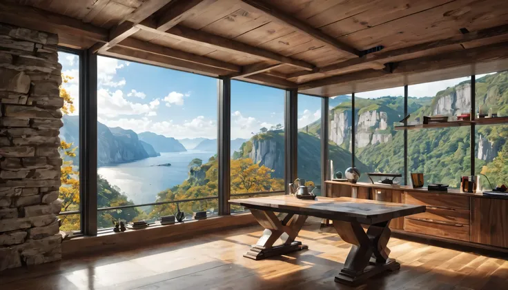 Ultra-luxury accommodation、Large windows、Classic furniture(table,shelf), Wall-mounted TV、(ultra-Detailed Background, Detailed Background), Absurd, High resolution, Super detailed, Very detailed,Outside the window is a cliff view、