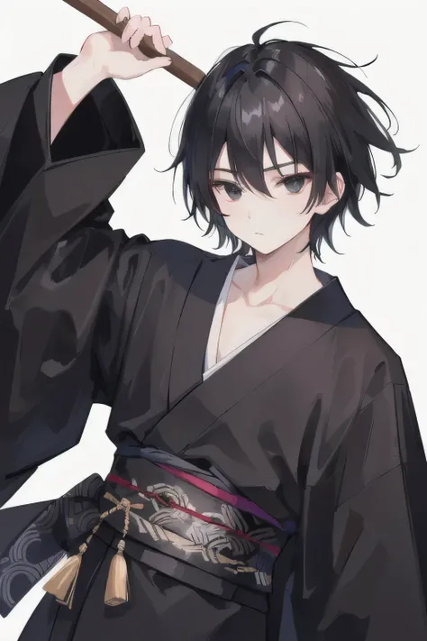 best quality, 1 boy, Black hair , big black eyes, Black kimono