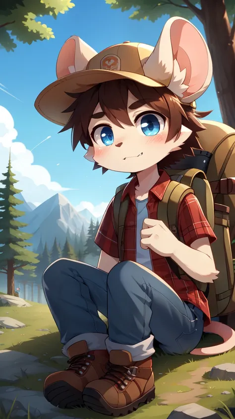 score_9,score_8_up,score_7_up, source_cartoon, source_furry, Furry shota, mouse, clear brown hair, messy spiky hair, clear blue eyes, detailed body fur, mouse teeth, ((hat with earflaps, red plaid shirt, short sleeves, jeans, hiking boots, backpack)), look...