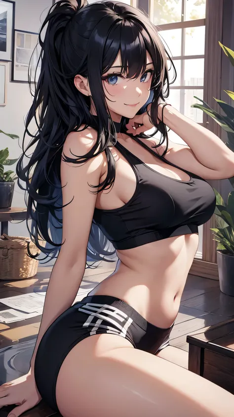 最high quality、Best image quality、masterpiece、and((Japanese、cute、1、Best Bust、Long Hair、Medium Bust、Open your chest wide,Black Hair、thin、The highest valley、smile、Show the whole body、Black tank top、White sports pants,stretch)）high quality、Beautiful art、backgr...