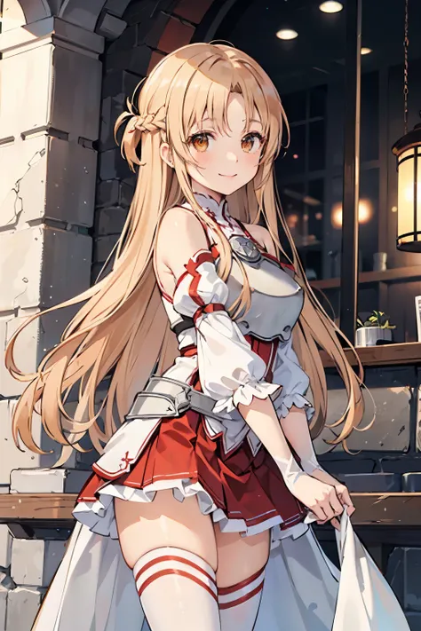 ((Best Quality)), ((masterpiece)), aaasuna, long hair, brown hair, braid, brown eyes, bare shoulders, armor, breastplate, white sleeves, detached sleeves, red skirt, pleated skirt, white thighhighs, Happy Smile