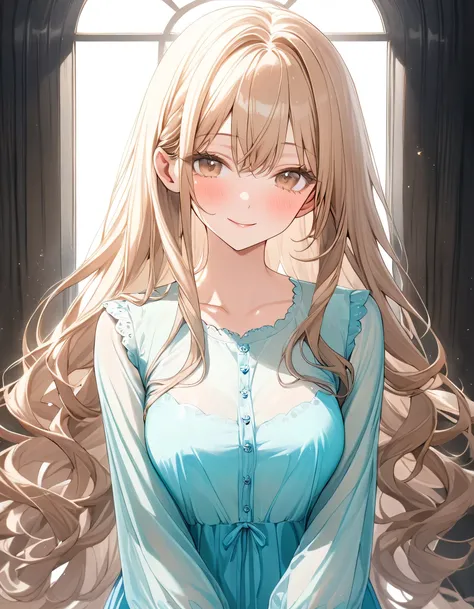 (SuperQuality:1.0) ~ (SuperQuality:1.2), 163cm, tall woman, gentle smile, soft brown wavy long hair, hair reaching chest, light brown eyes, slightly droopy eyes, smooth white skin, soft and round face, elegant and calm expression, large bust (E cup), slend...