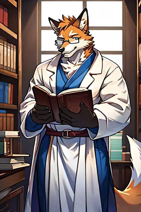 Furry , fox , male , muscular, sexy, science, glasses ,  the scientists white robe, book in hand 