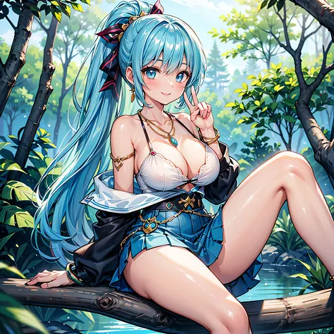 Anime Moe Art Style,Best Quality,High resolution,Anatomically correct,Mid-teens,One Girl,Light blue hair ponytail,Super detailed,Big Breasts,Shiny Hair,Shiny skin,Beautiful Skin,A rich expression,Bright smile,Off-the-shoulder tops,mini skirt,necklace,brace...