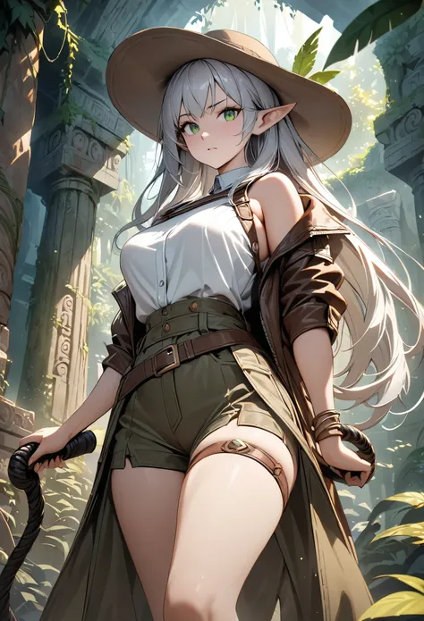 cinematic lighting, ((masterpiece)), anatomically correct, accurate, textured skin, high details, high quality, ((best quality)), (super detail), An elegant female elf with long, flowing silver hair, wearing a rugged but stylish adventurer’s outfit. She is...