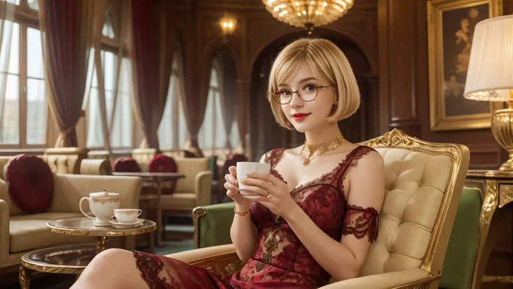 A young lady elegantly enjoying tea in a royal suite lounge, blonde bob cut, Deep Red lace dress, red lips, green rimmed glasses, very beautiful with gold jewellery,