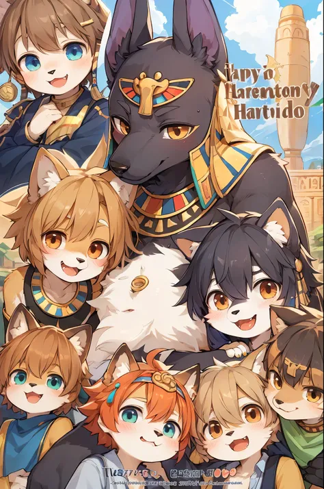 Cover page, Ultra-high resolution, Detailed Background, world heritage, 2boys(7years old Anubis dog boy and  Bastet cat boy), they are best friends, 2 furry short height kindergarten Shota boys, huddling, hugging, boys love, Happy, Joyful, Absurd(Photos of...