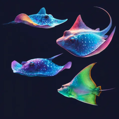 three different colored stingray are shown in a dark background, bioluminiscent creatures, luminescence，highly detailed, exotic fish, colorful fish, neon color bioluminescence, sea creatures, fish are glowing in the ocean, 