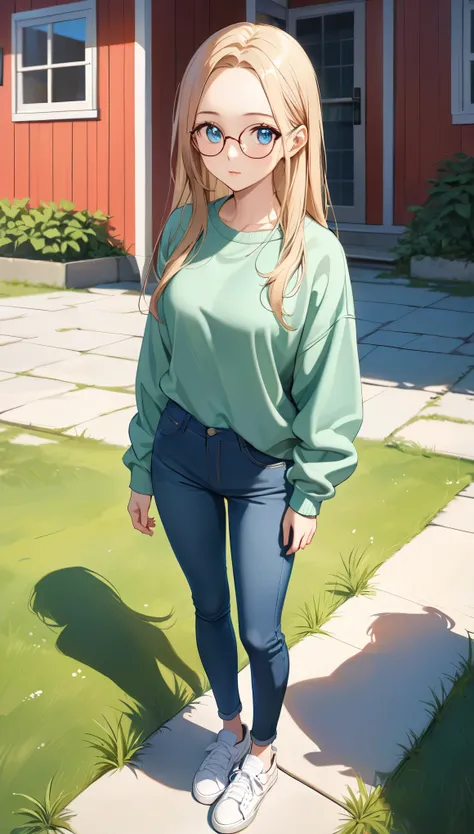 A young woman with beautiful blue eyes with glasses and long blonde straight hair. She is wearing (green oversized sweatshirt:1.2) with (high-waisted skinny blue jeans:1.5) and white sneakers. Outdoor setting with grass and a red wooden building in the bac...