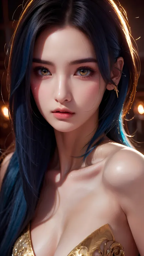 A stunning female alien with jet blue hair and glowing golden eyes, her intense gaze captivating all who dare to look upon her. Her long dark claws and thick eyebrows only add to her otherworldly beauty, making her the most beautiful face in the universe.