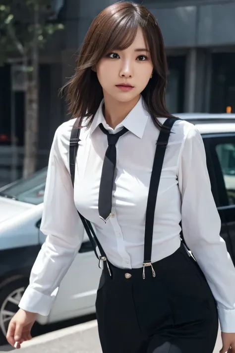 a woman in a suit, belt, hands behind back, sweating, suspenders, black pants, large breasts, see-through clothing, rain, detective, office worker, white button-up shirt, (best quality,4K,8k,highres,masterpiece:1.2),ultra-detailed,(realistic,photorealistic...