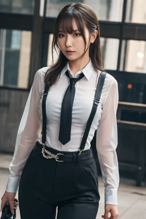 a woman in a suit, belt, hands behind back, sweating, suspenders, black pants, large breasts, see-through clothing, rain, detect...