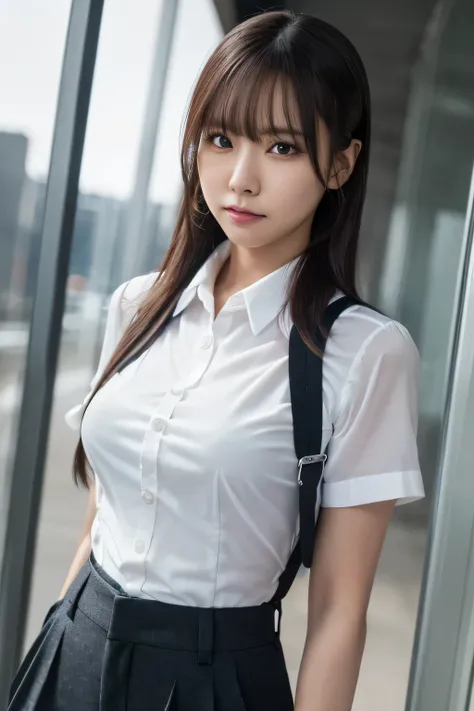 a woman in a suit, belt, hands behind back, sweating, suspenders, black pants, large breasts, see-through clothing, rain, detect...