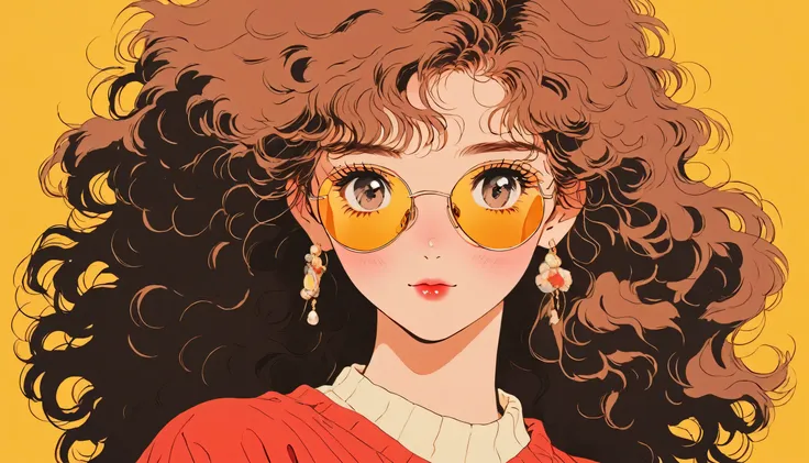 90s anime style, 1990s style, clear, 1980s style, (blush:1.7), the highest quality, 8k, 1 woman, Only, lofi girl, lofi art, lofi feeling, looking at the viewer, very big eyes, wearing 1980s clothes, upper shot, close up, smiling, light brown eyes, skin whi...