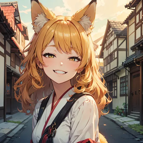 ((1girl)), solo, ginger hair, light hair color, (curly hair), ((kitsune)), fox ears, fox tail, (amber eyes), high quality, beaut...