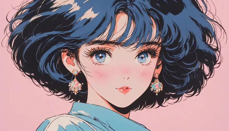 90s anime style, 1990s style, obvious, 1980s style, (blush:1.7), best quality, 8k, 1 woman, Only, Lopi Girl, Lofi Art, Lo-fi Feeling, Looking at the viewers, very big eyes, I'm wearing clothes from the 1980s., Top shot, close up, smiling, light brown e...
