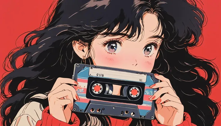 90s anime style, 1990s style, obvious, 1980s style, (blush:1.7), best quality, 8k, 1 woman, Only, Lopi Girl, Lofi Art, Lo-fi Feeling, Looking at the viewers, very big eyes, I'm wearing clothes from the 1980s., Top shot, close up, smiling, light brown e...