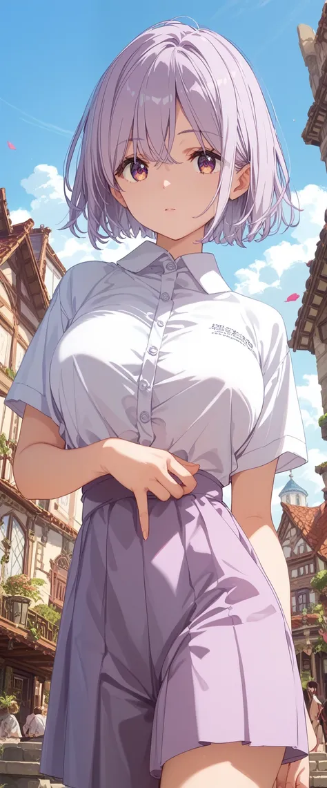 uhd, masterpiece, accurate, anatomically correct, textured skin, super detail, high details, high quality, best quality, highres、Shinjo Akane、Light purple hair、short hair、Big Breasts