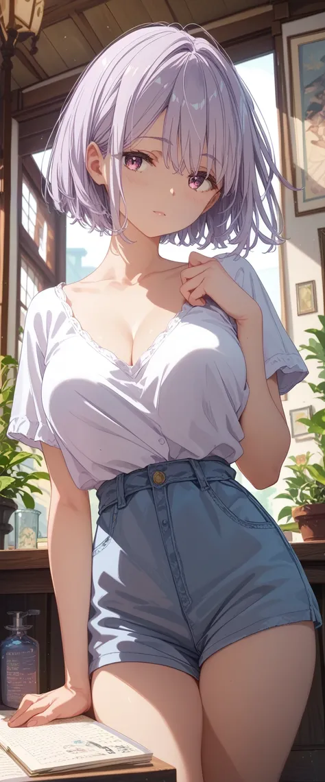 uhd, masterpiece, accurate, anatomically correct, textured skin, super detail, high details, high quality, best quality, highres、Shinjo Akane、Light purple hair、short hair、Big Breasts