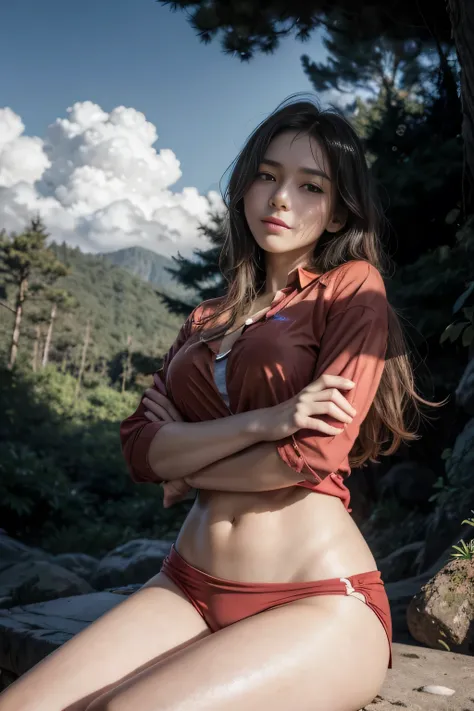 photorealistic, (halfbody:1.3, exposed face), [low angle, (viewed from below:1.3), in-frame, A young Japanese woman, ((red half shirt:1.2, exposed her lower breasts:1.2), no back ground:1.3), a beautiful hyper-realistic young woman, symmetrically detailed ...