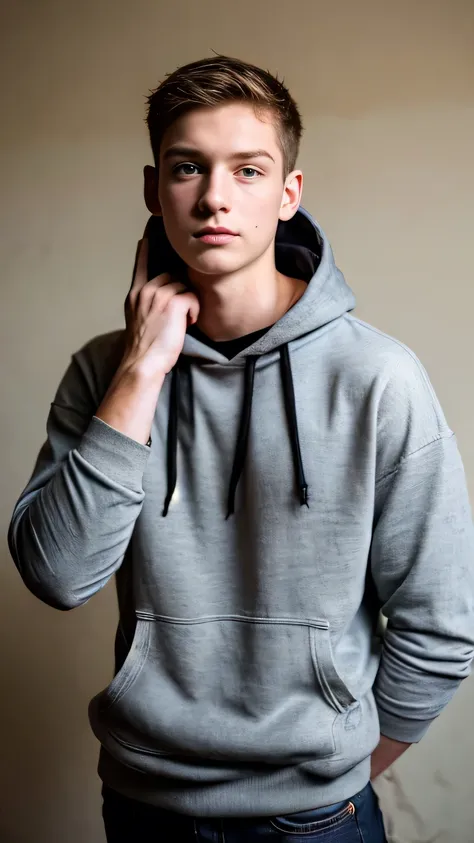 Portrait of a boy, wearing a black hoodie, black mask, brown eyes, looking at the viewer, rebellious, 1boy, pale skin, short hair, jeans, tanktop
