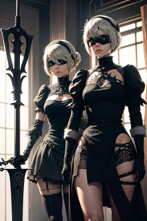 Anime girl standing with a sword on the stairs in a dark room, 2b, 2b ..., 2b Nier automata, Nier 2b ..., film still of 2b Nier automata, Nier : Inspired by automata, Nier:Inspired by automata, Nier inspired, 2b ... from Nier automata, 2b from Nier automat...