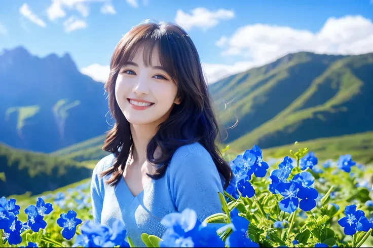 Best Quality　masterpiece　detailed　A very beautiful woman smiles at the beautiful scenery of the blue nemophila flowers and the blue sky　Photo style　Fantasy　Fantasy