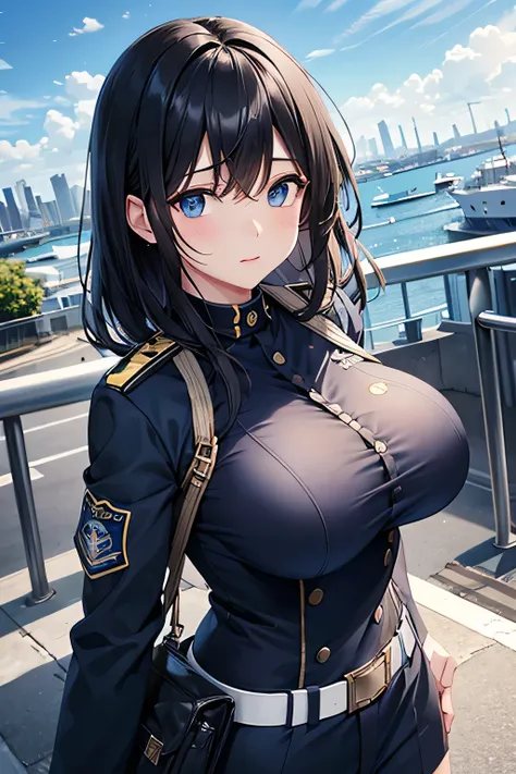 Adult women、Black Hair、Light blue eyes、Big Breasts、Navy blue police uniform、Clothes that hide the breasts、The background is the city