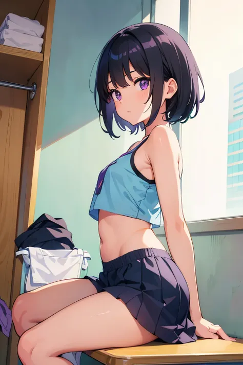 Elementary school student, , toddler, flat chest, black hair 　Wavy short hair　Purple Eyes　Light blue sports bra on upper body　Light blue panties on the lower body　（（I can see her panties））　White socks　School changing room　Sitting on a bench　 A female stude...