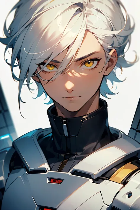 a man with short white hair, yellow eyes, with robotic arms and legs
((a man))((masculine))
((a man)
((Best quality)), ((work of art)), (detailed), ((perfect eyes)),((perfect face))