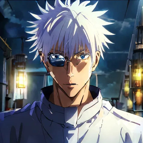 (((Best quality)), ((masterpiece)), ((realistic)),  Satoru Gojou, boy,messy spiky white hair, light blue eyes, Onmiyoji clothes, shinto prest, rounding sunglasses