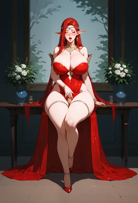 score_9, score_8_up, score_7_up, score_6_up, score_5_up, score_4_up, rating_explicit, illustration, nsfw, mature beautiful woman, elf ears, red hair, large breasts, full body, sensual dress, penis, male masturbation, small penis, orgasm, massive wide hips,...