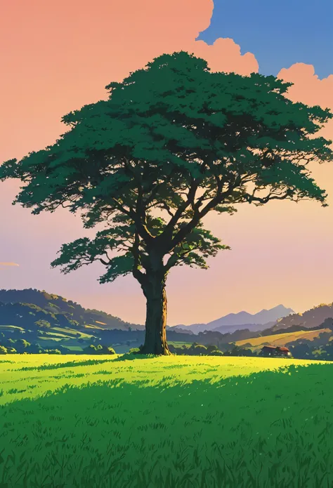 Draw a simple Tintin style art of a tree in the middle of a field,  twilight !!!   shadows anime nature, anime nature wallpaper, animated background, beautiful animated landscape, beautiful anime scene, animated landscape, animated landscape, animated land...