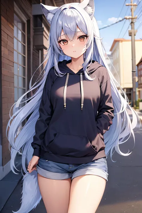 ((Best Quality)),  ((masterpiece)), (detailed), One girl, Ice lavender hair,Wolf ears and tail, Brown Eyes, Long Hair, Around town, Navy blue hoodie, Shorts