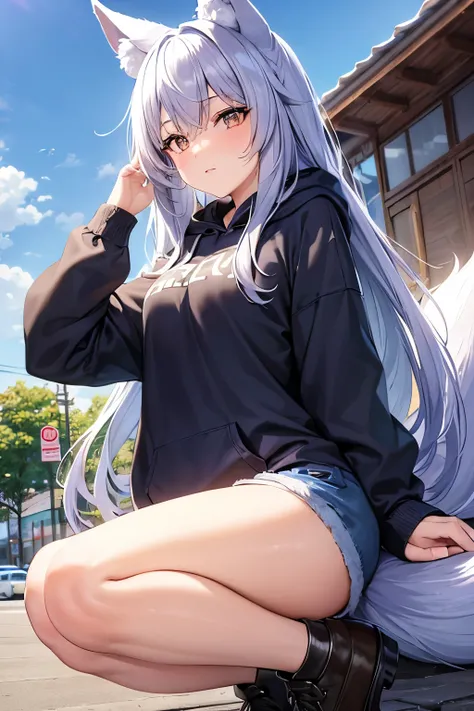 ((Best Quality)),  ((masterpiece)), (detailed), One girl, Ice lavender hair,Wolf ears and tail, Brown Eyes, Long Hair, Around town, Navy blue hoodie, Shorts